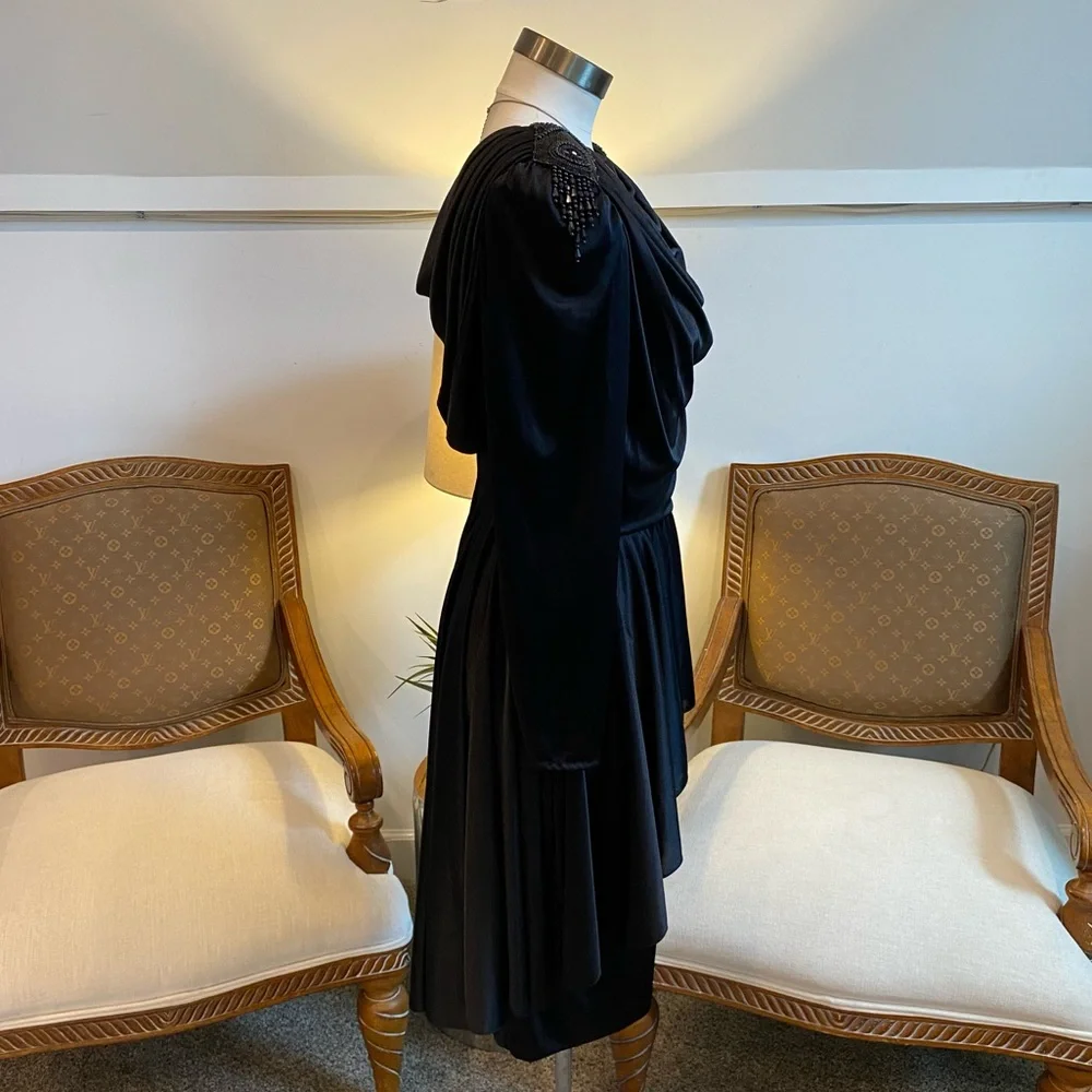 Vintage 80s Women's Elegant Black Draped Dress with Beaded Details by Abby Kent - Picture 5 of 11